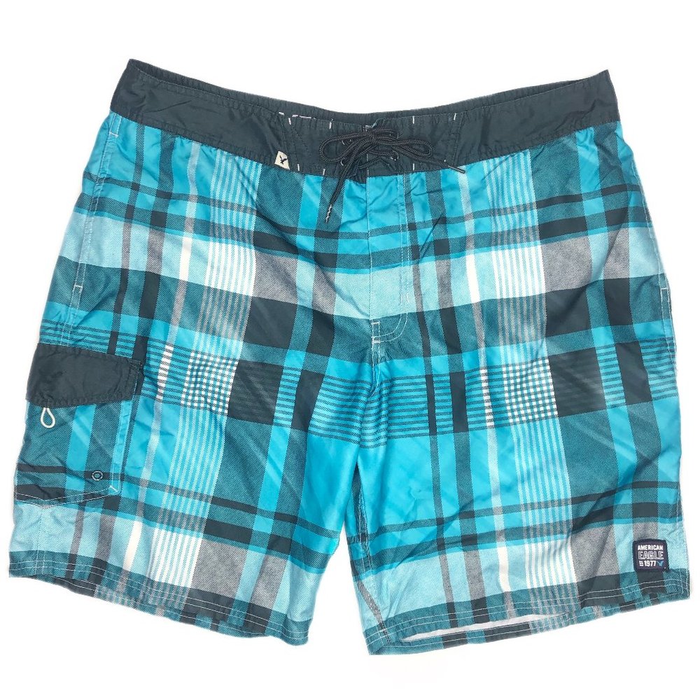 American Eagle Blue Plaid Board Short Swim Trunks